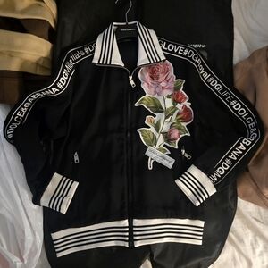 Dolce & Gabbana Black Bomber Jacket with Pink Rose Applique